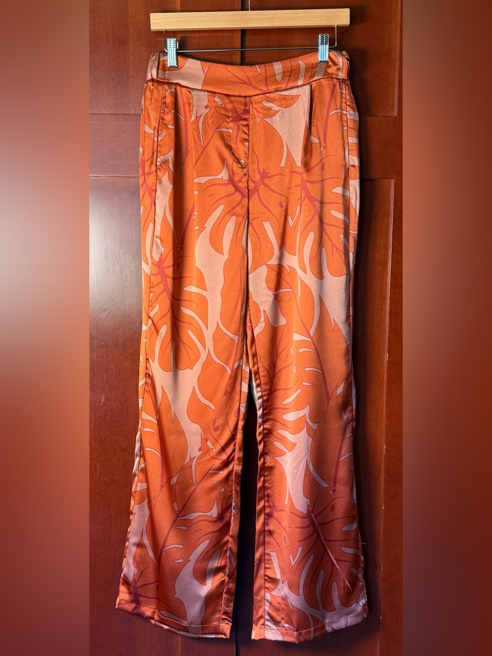 Rachel Zoe Orange Tropical Monstera Leaf Print Satin Wide-Leg Pants Size Large
